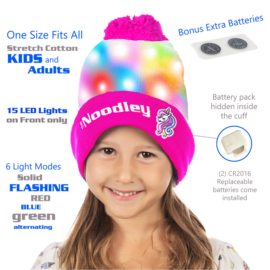 LED Light Up Glow Unicorn Beanie Hat with Pom Gifts for Girls Kids and Boys (One Size)