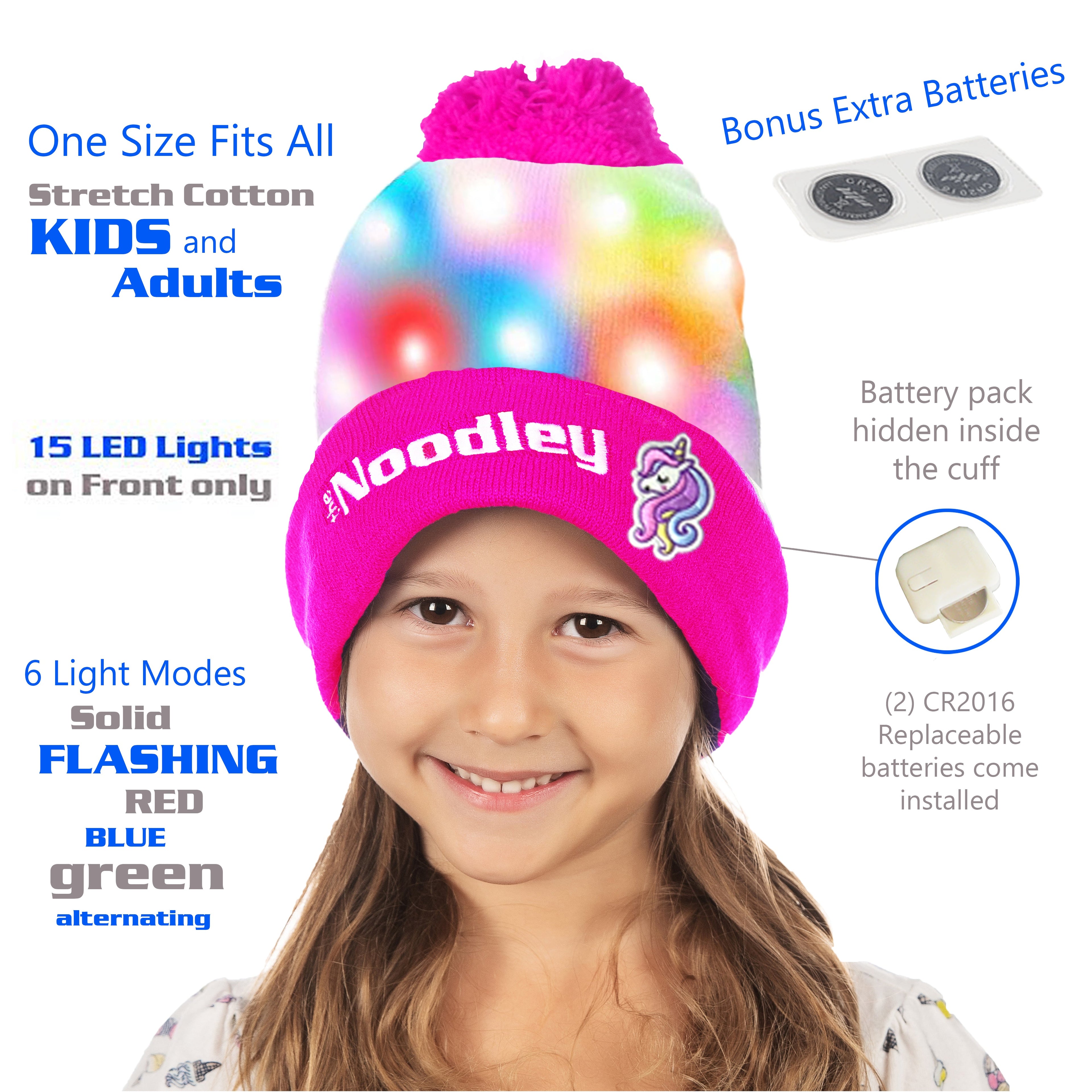 LED Light Up Glow Unicorn Beanie Hat with Pom Gifts for Girls Kids and Boys (One Size)