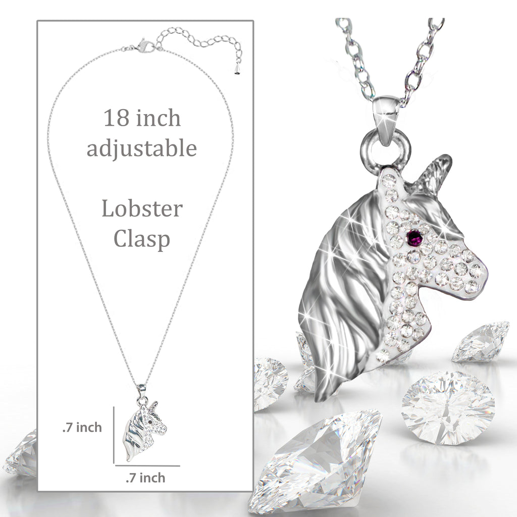 Cubic Zirconia Silver Unicorn Necklace for Girls Crystal Pendant Jewelry with Gift Box, 18 inch