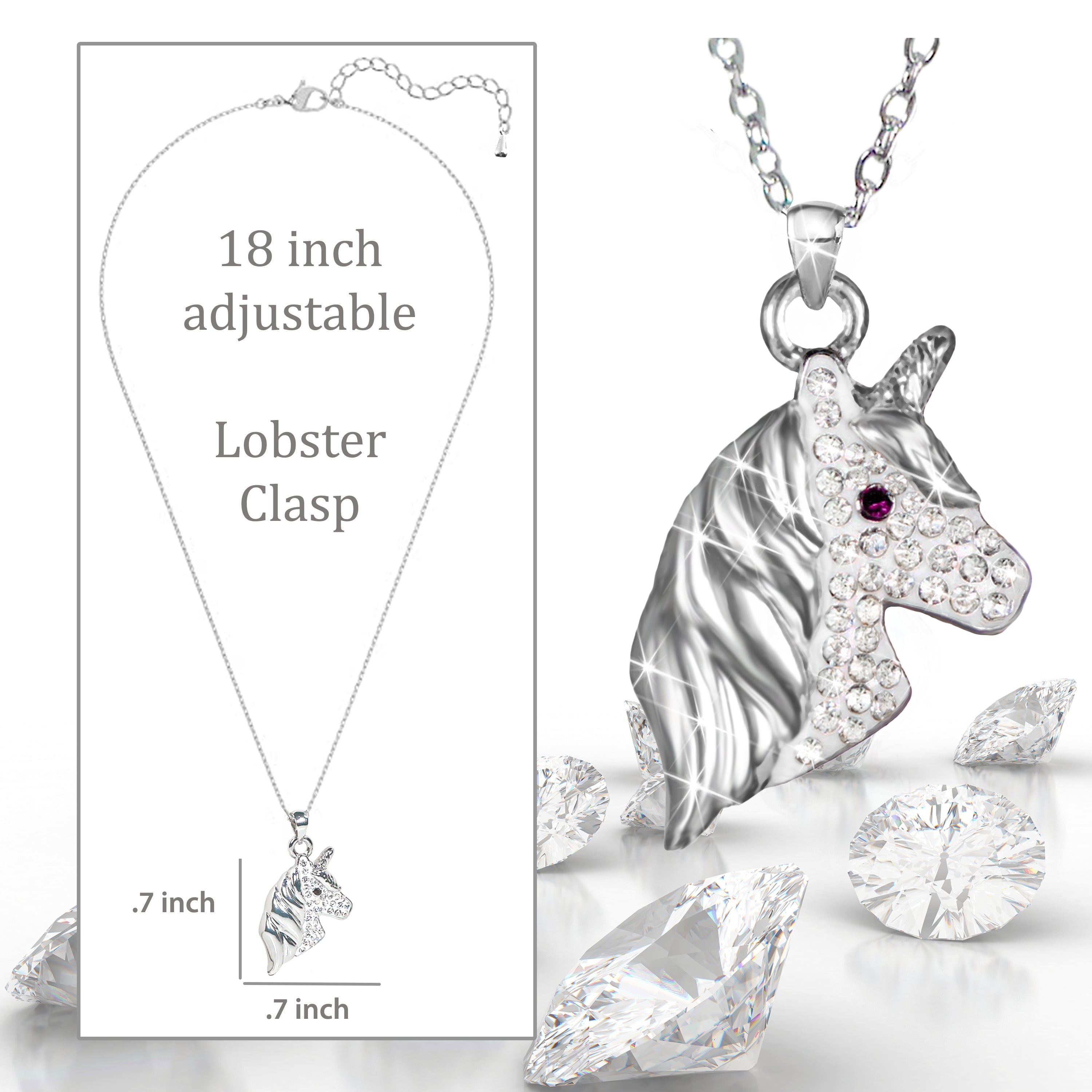 Cubic Zirconia Silver Unicorn Necklace for Girls Crystal Pendant Jewelry with Gift Box, 18 inch