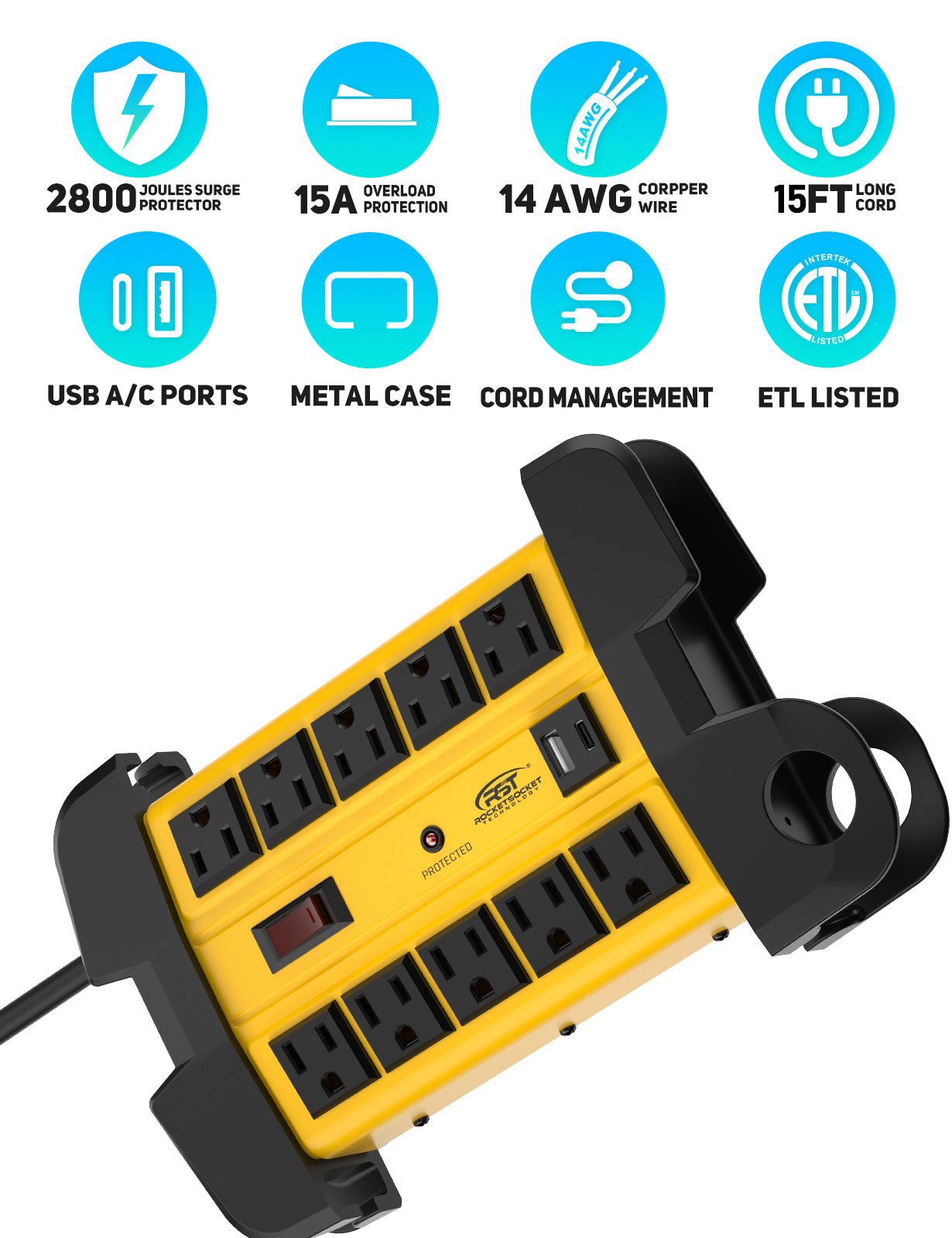 CRST 10-Outlet + USB-C Heavy Duty Metal Surge Protector Power Strip w/ Cord Wrap Holder - 2800 Joules Protection, Wall Mountable, 15ft Cord, ETL Listed