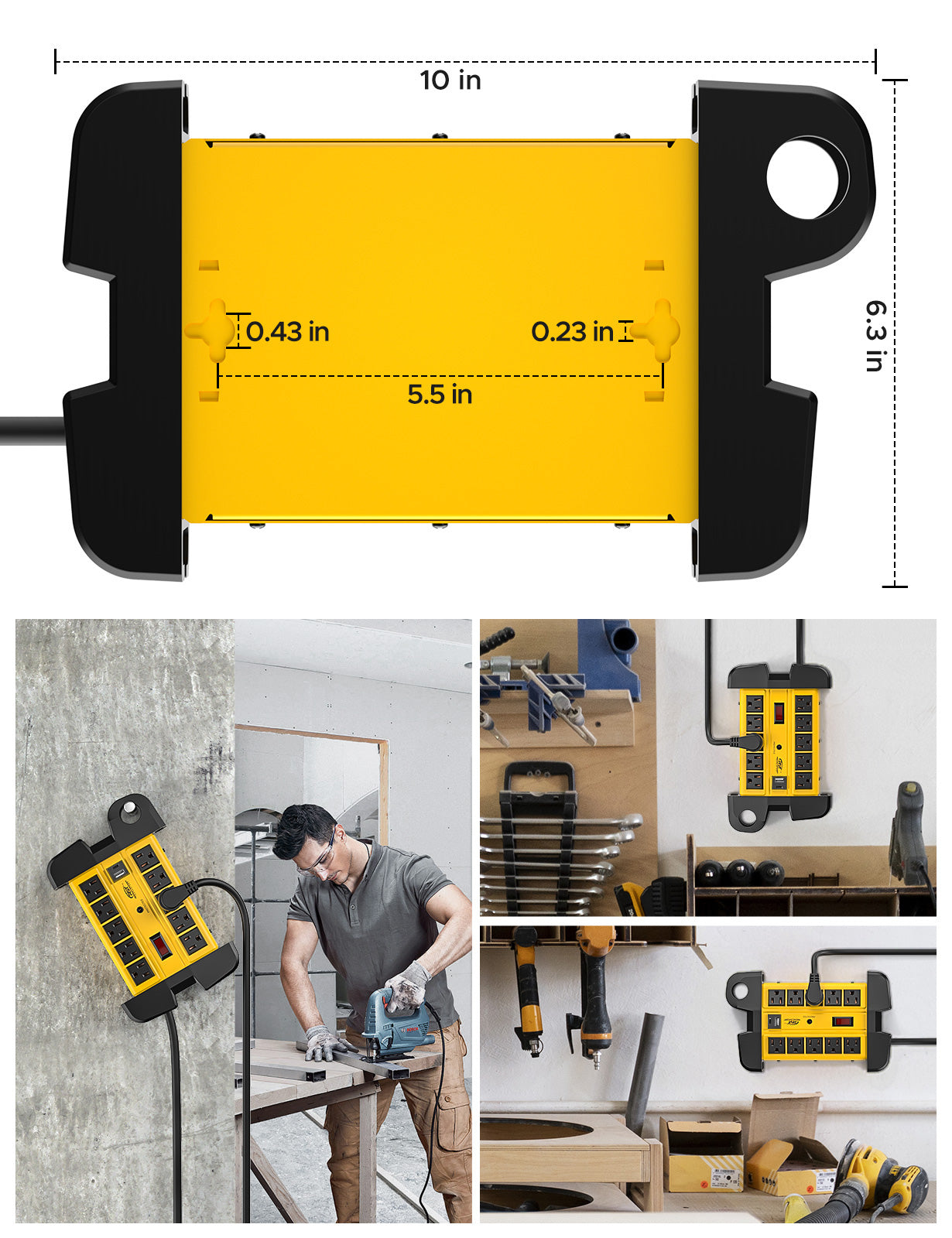 CRST 10-Outlet + USB-C Heavy Duty Metal Surge Protector Power Strip w/ Cord Wrap Holder - 2800 Joules Protection, Wall Mountable, 15ft Cord, ETL Listed