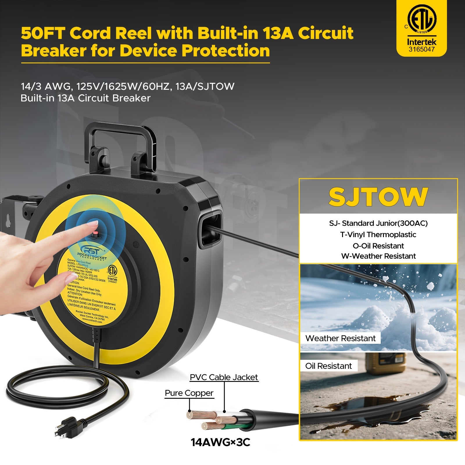 CRST 14AWG 50FT Retractable Cord Reel, Lighted Triple Tap, 13A Circuit Breaker, 180° Swivel, Auto Retraction, UL Listed, 36-Month Warranty