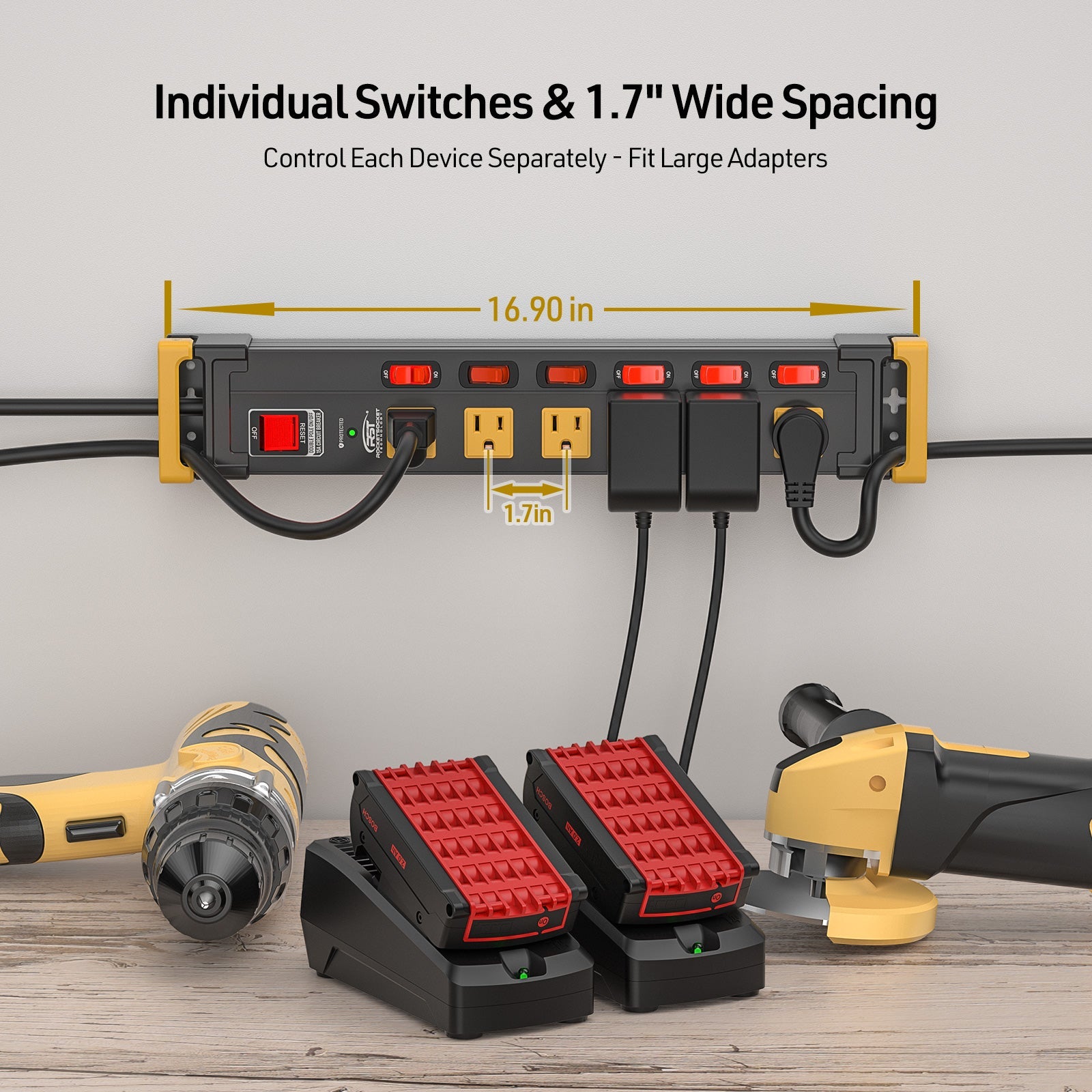 CRST Metal Surge Protector Power Strip with Individual Switches & Cord Wrap Holder - 6 Wide Spaced Outlets, 1020J Protection, Heavy Duty 6FT Extension Cord, 15A Circuit Breaker, Wall Mount for Garage and Workshop