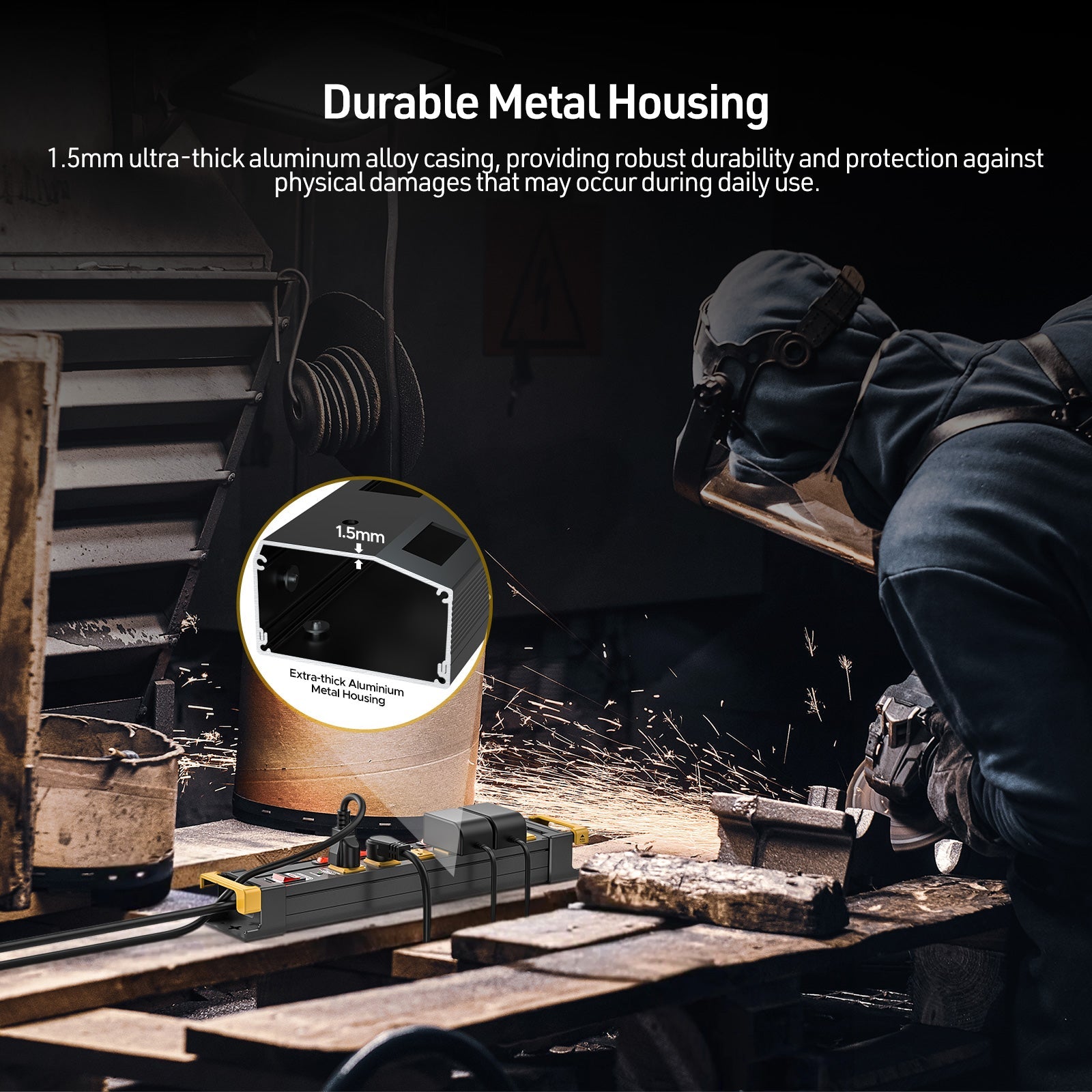 CRST Metal Surge Protector Power Strip with Individual Switches & Cord Wrap Holder - 6 Wide Spaced Outlets, 1020J Protection, Heavy Duty 6FT Extension Cord, 15A Circuit Breaker, Wall Mount for Garage and Workshop