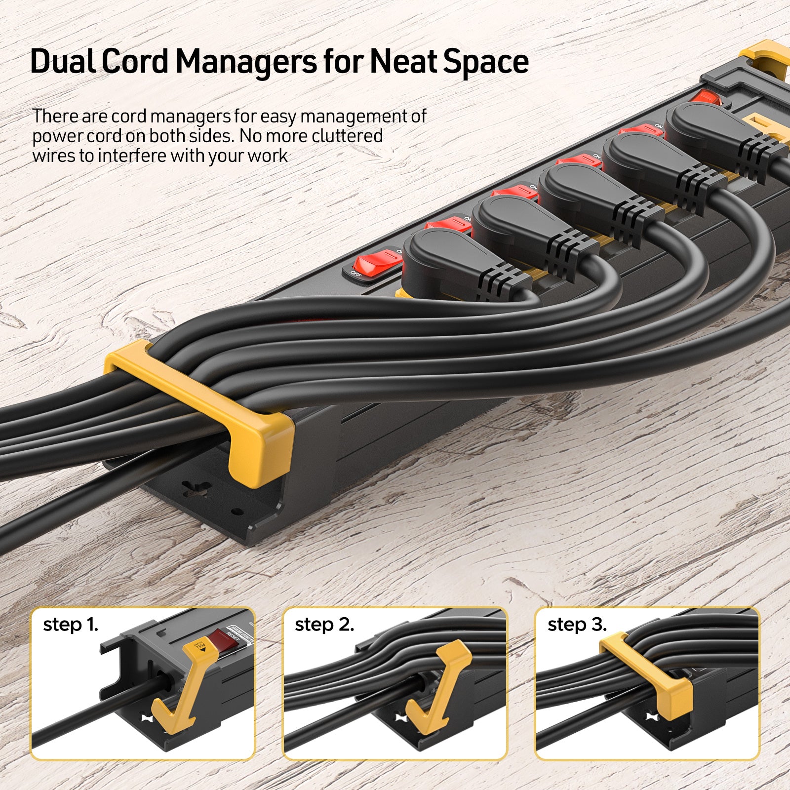 CRST Metal Surge Protector Power Strip with Individual Switches & Cord Wrap Holder - 6 Wide Spaced Outlets, 1020J Protection, Heavy Duty 6FT Extension Cord, 15A Circuit Breaker, Wall Mount for Garage and Workshop