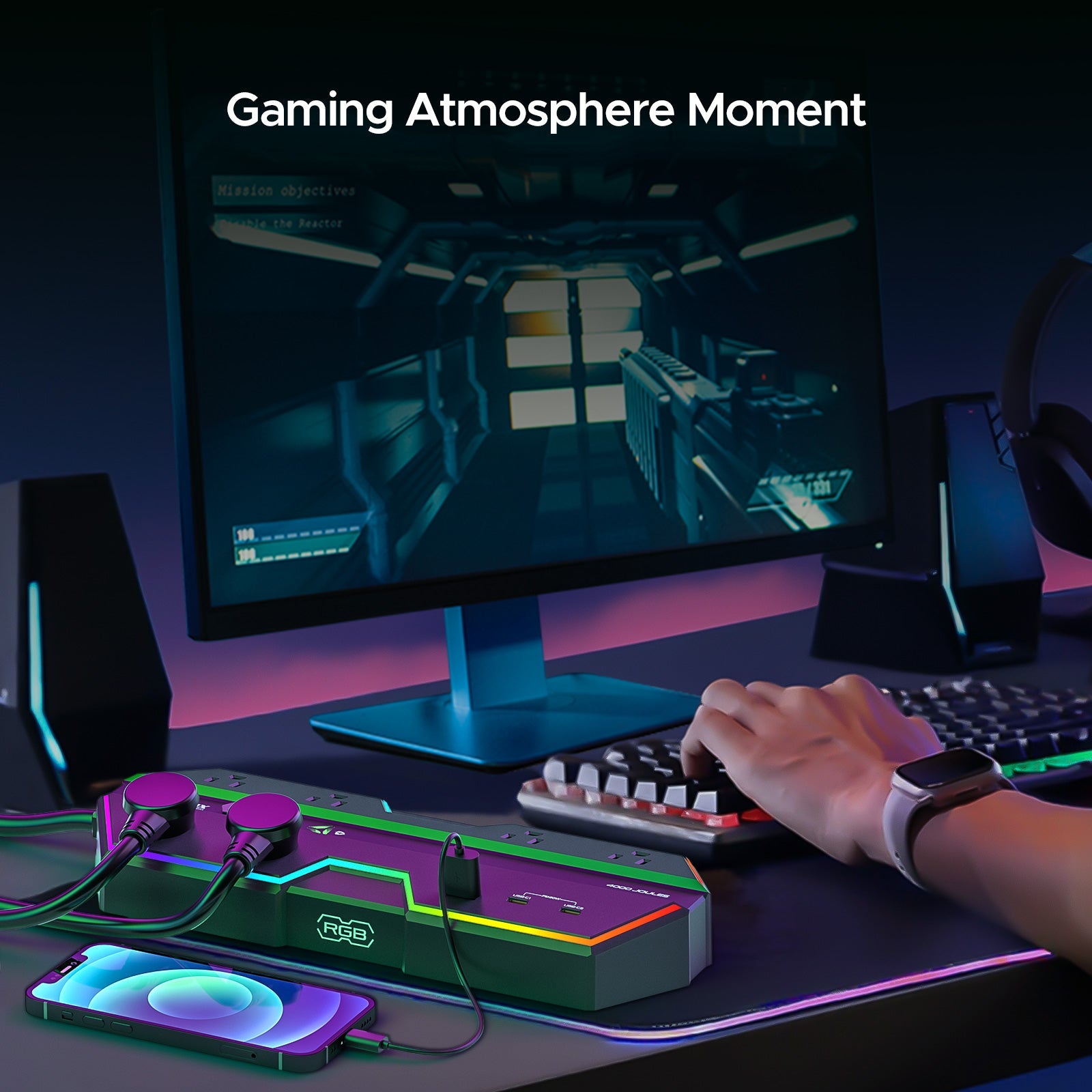 Gaming Power Strip, 6 AC Outlets, 4000J Surge Protector, PD 20W Fast Charging (2 USB-C, 1 USB-A), Wide-Spaced Outlet with RGB Lights for PC, e-Sports & Home Office