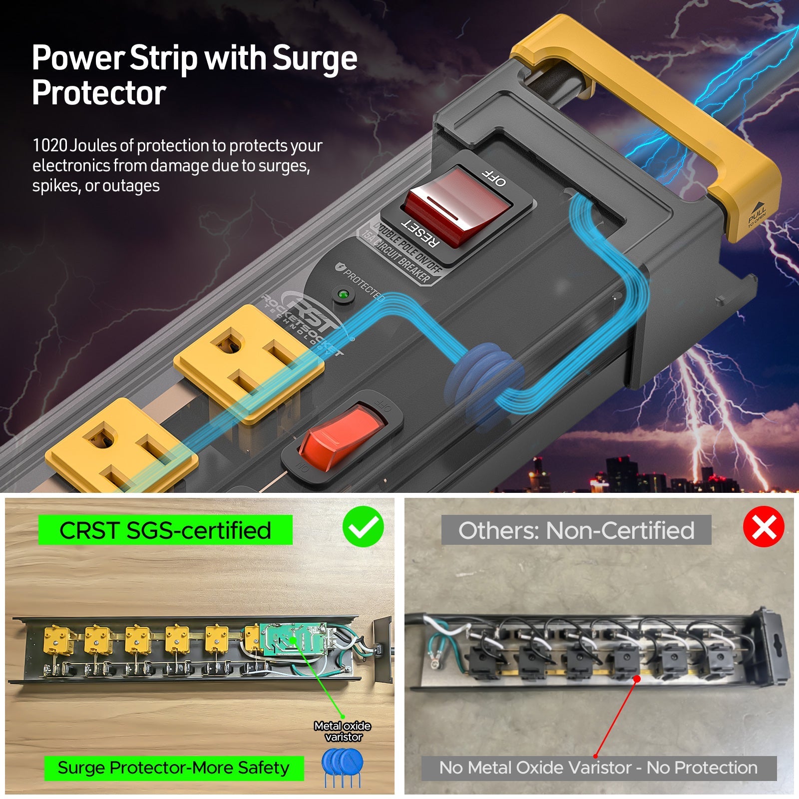 CRST Metal Surge Protector Power Strip with Individual Switches & Cord Wrap Holder - 6 Wide Spaced Outlets, 1020J Protection, Heavy Duty 6FT Extension Cord, 15A Circuit Breaker, Wall Mount for Garage and Workshop
