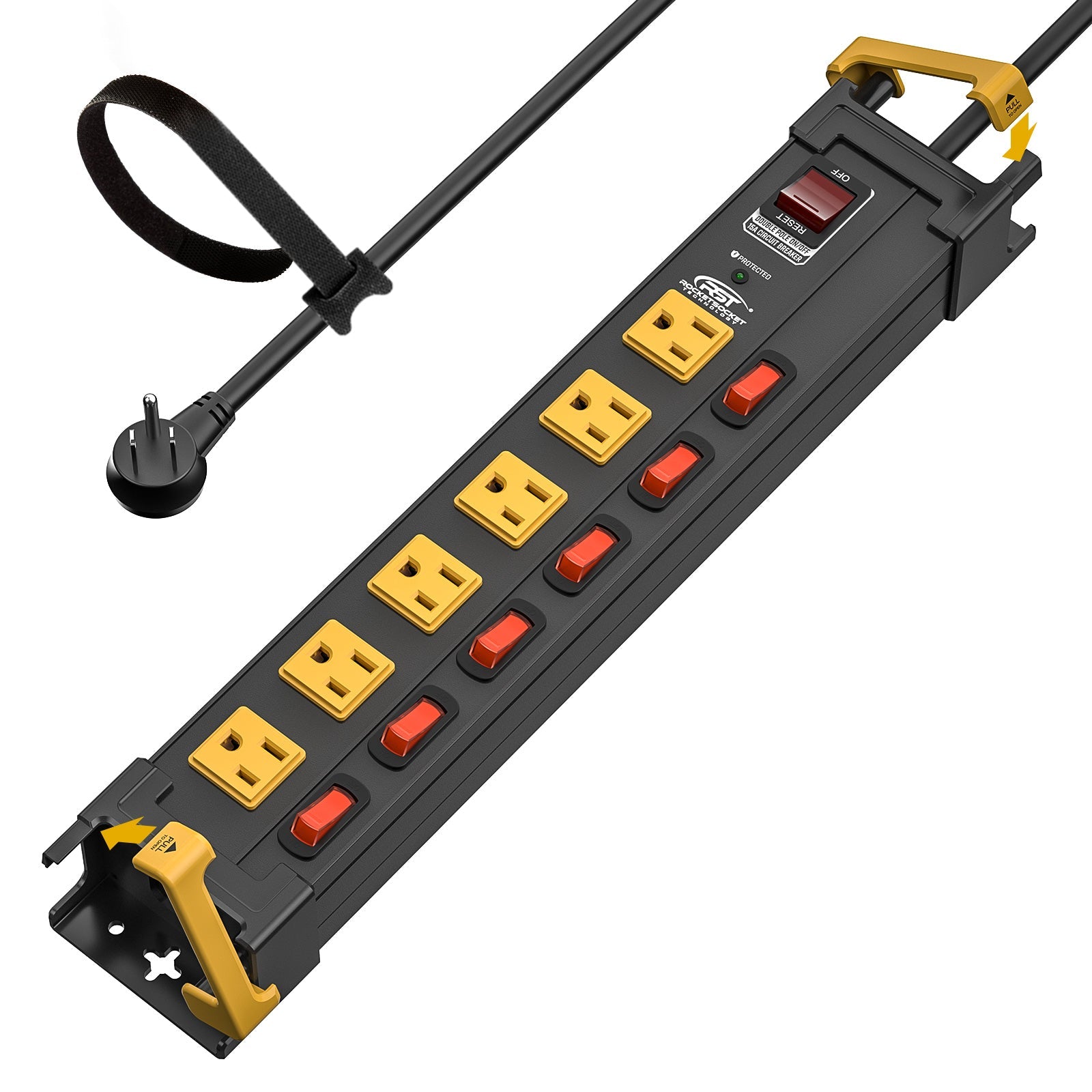 CRST Metal Surge Protector Power Strip with Individual Switches & Cord Wrap Holder - 6 Wide Spaced Outlets, 1020J Protection, Heavy Duty 6FT Extension Cord, 15A Circuit Breaker, Wall Mount for Garage and Workshop