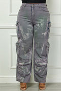 Time to Shine Grey Acid Wash High Waisted Cargo Plus Size Pants