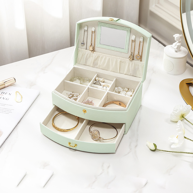Double-layer portable makeup jewelry box with mirror