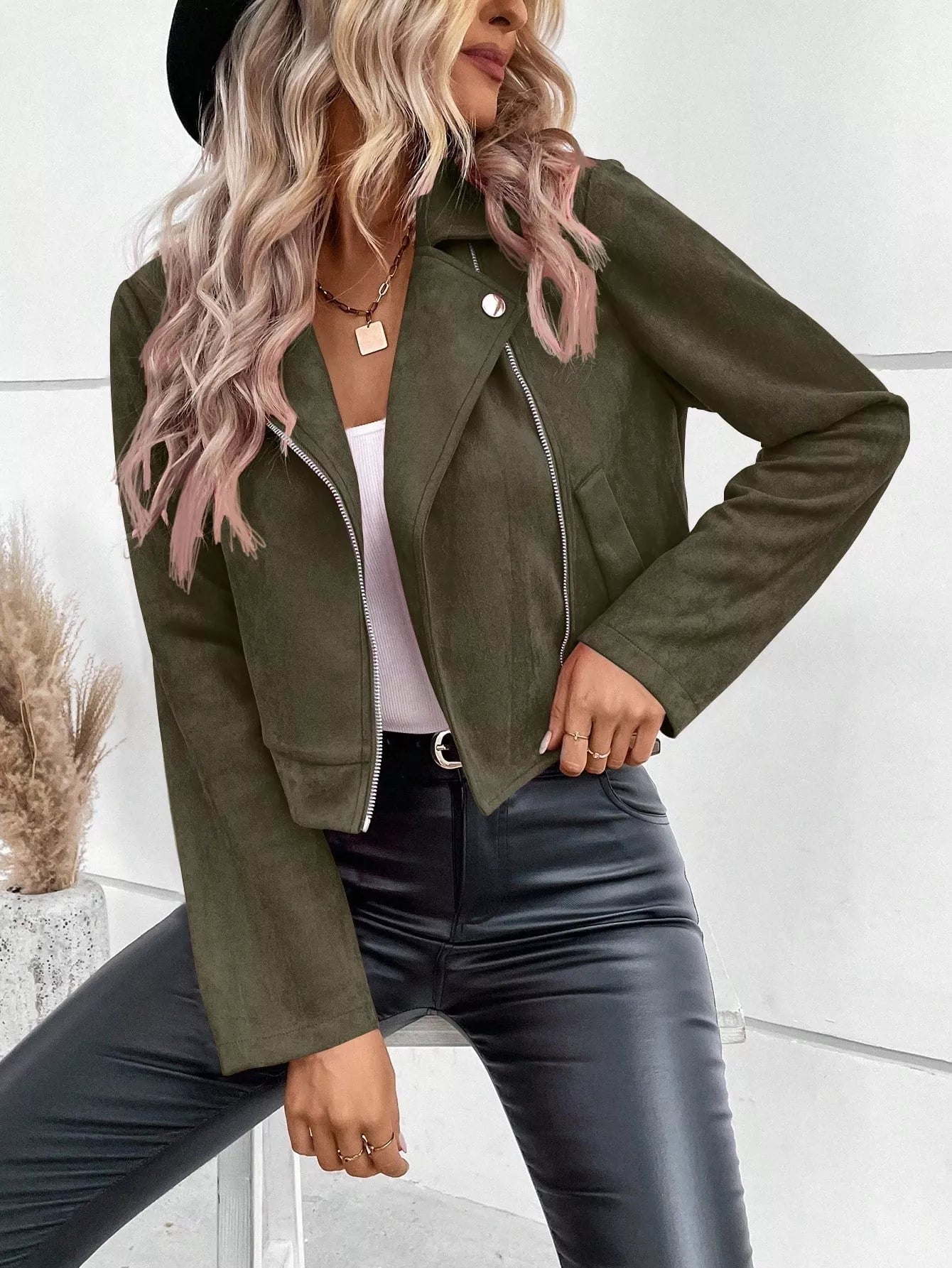Suede Moto Jacket with Zip Detail