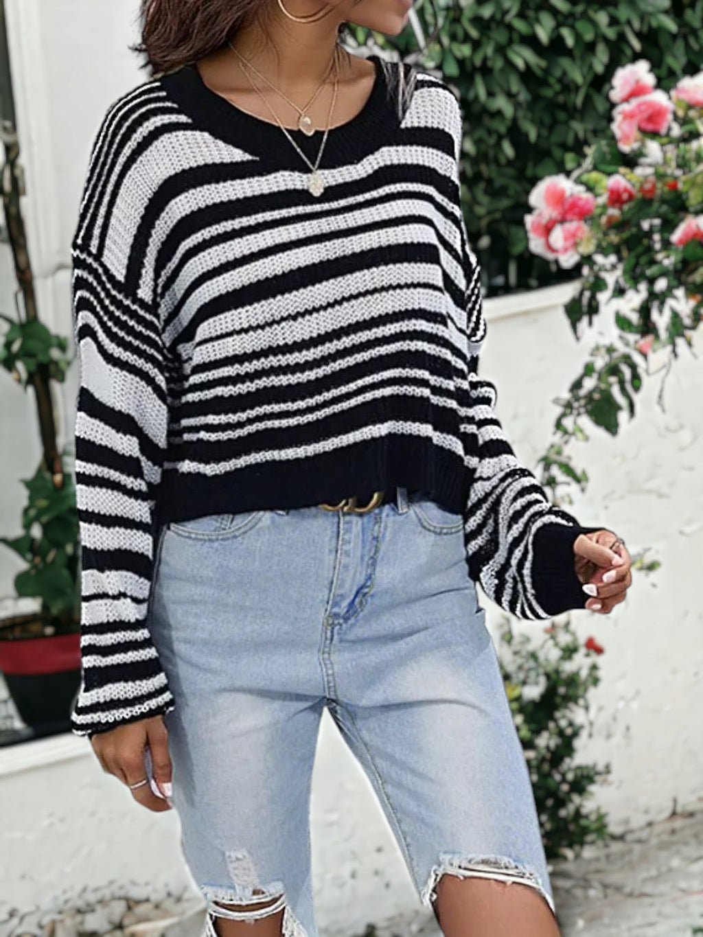 Drop Shoulder Striped Sweater