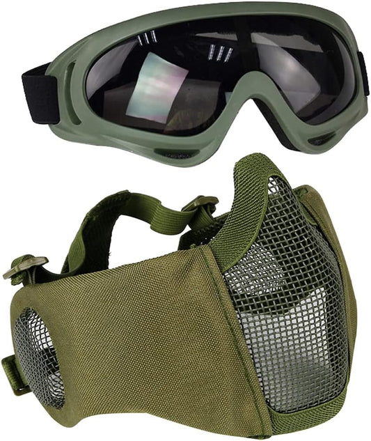 AOUTACC Airsoft Protective Gear Set, Half Face Mesh Mask with Ear Protection and Tactical Goggles for Adult Men Women BBS Paintball Shooting CS Survival Games Cosplay