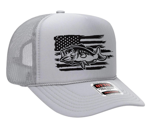 Bass Fishing American Flag Black Design Adult Otto Foam Trucker Hat
