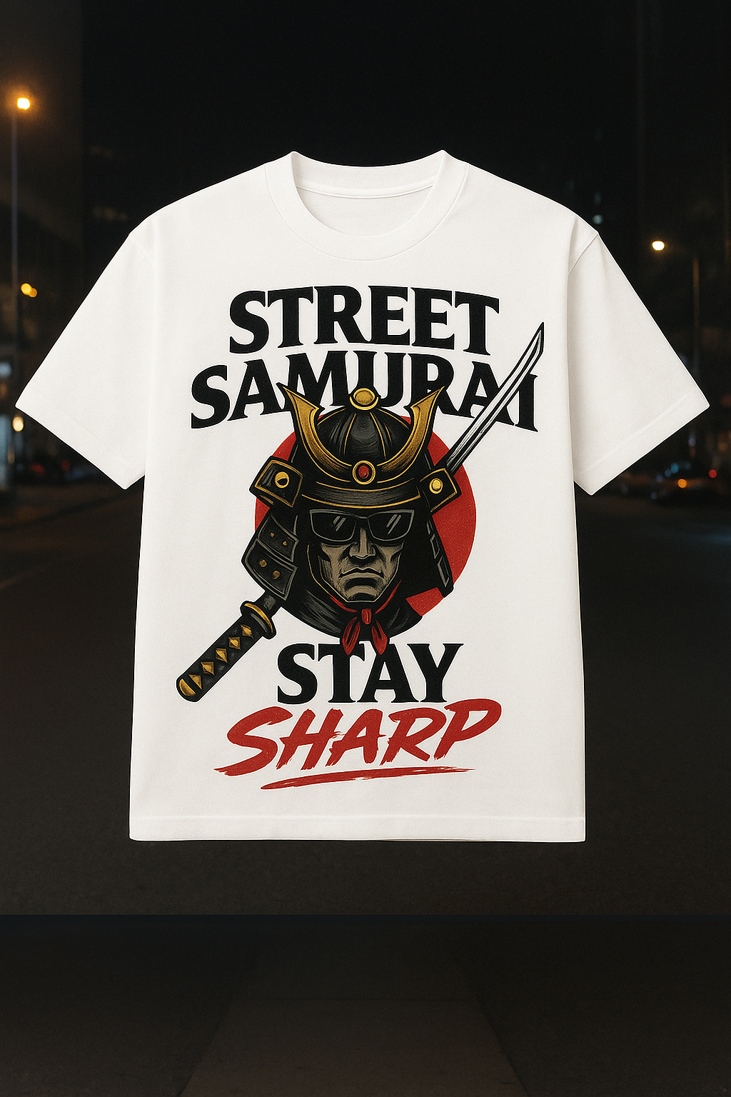 Street Samurai Graphic T-Shirt – Japanese Warrior Sword Design, White Cotton Tee