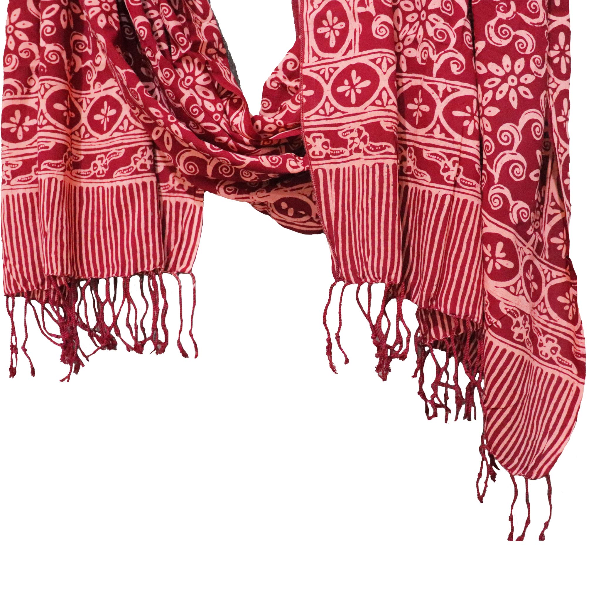 Handmade Batik Scarf, Soft Cotton, Loop, Red, Burgundy
