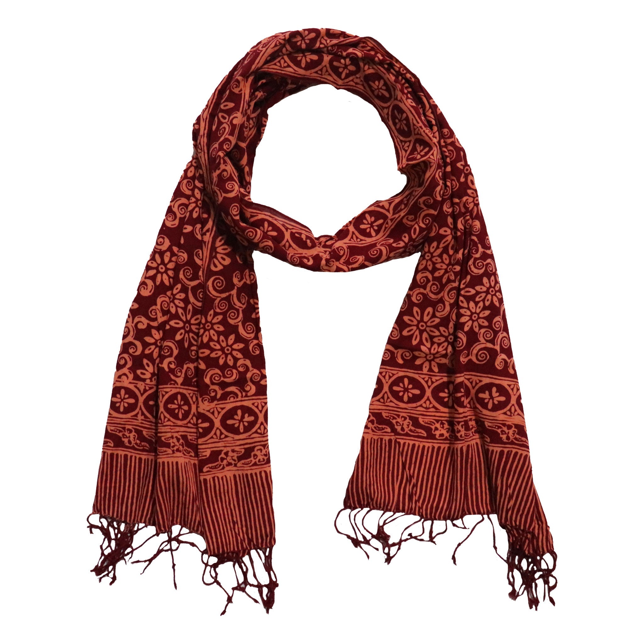 Handmade Batik Scarf, Soft Cotton, Loop, Red, Burgundy