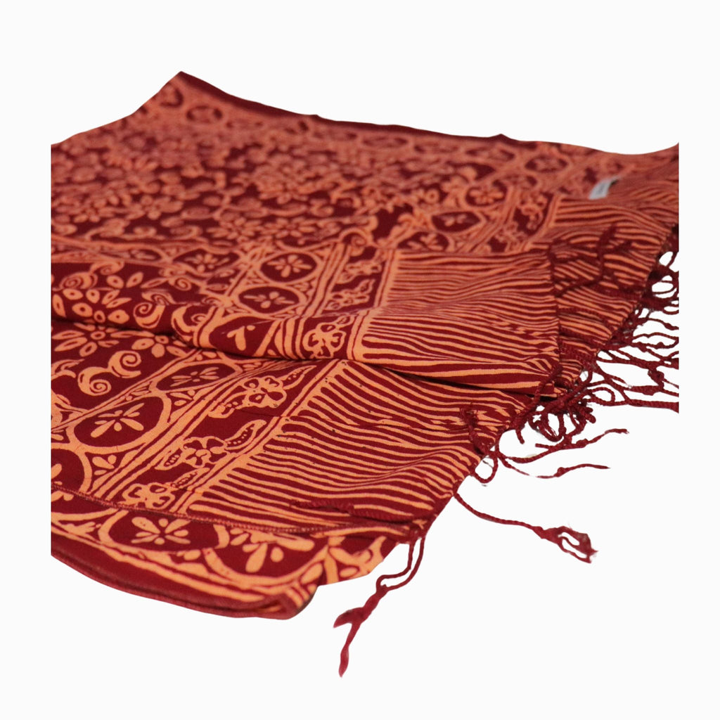 Handmade Batik Scarf, Soft Cotton, Loop, Red, Burgundy