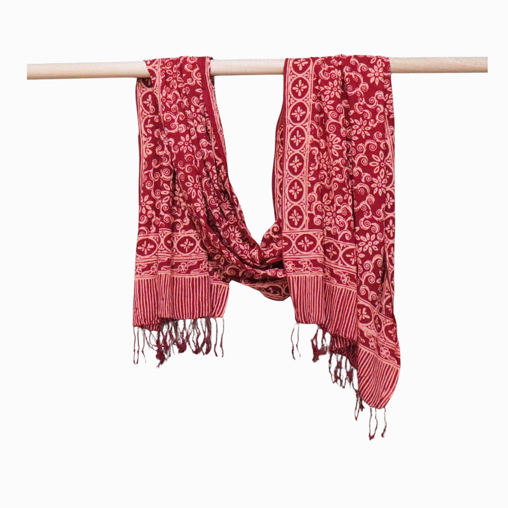 Handmade Batik Scarf, Soft Cotton, Loop, Red, Burgundy