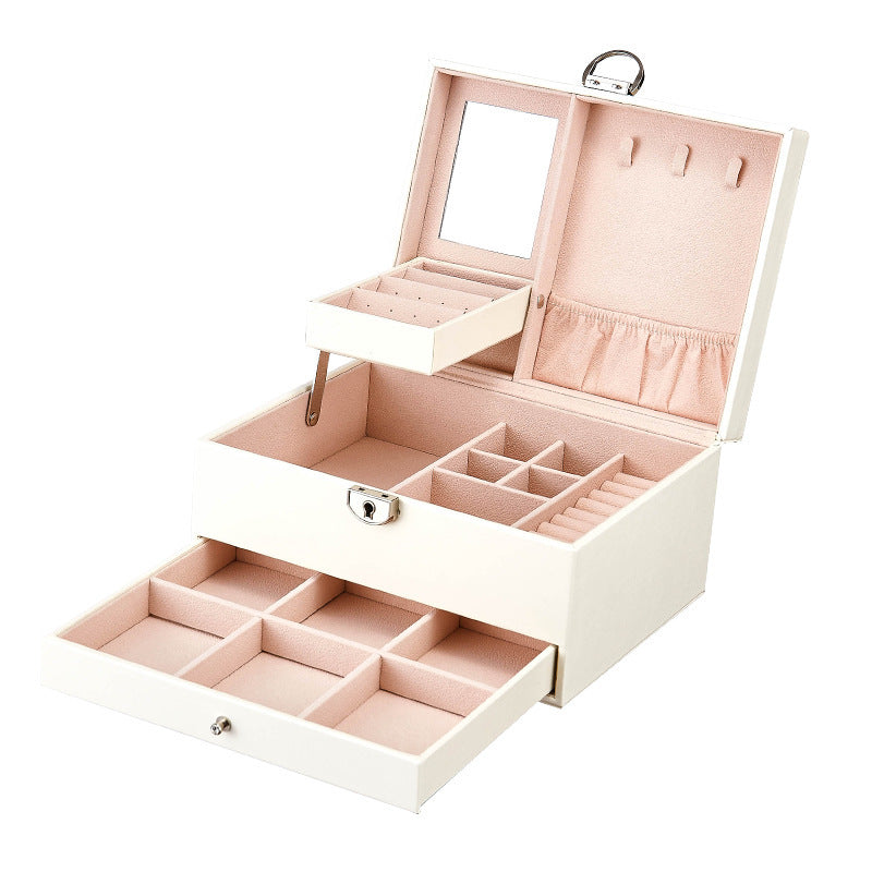 PU leather lockable mirror three-layer single-layer jewelry box