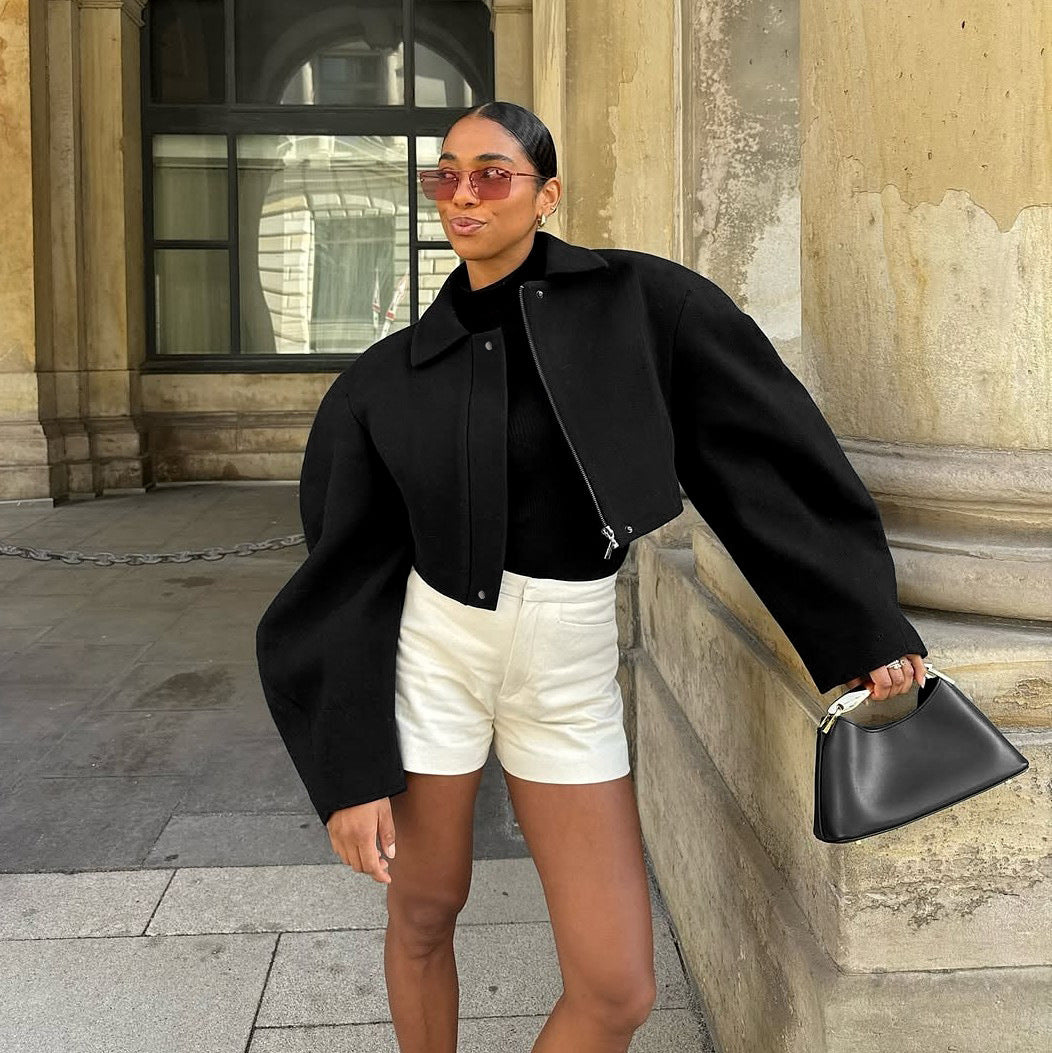 Autumn Trend Casual Machete Collared Zipper Short Woolen Coat Women