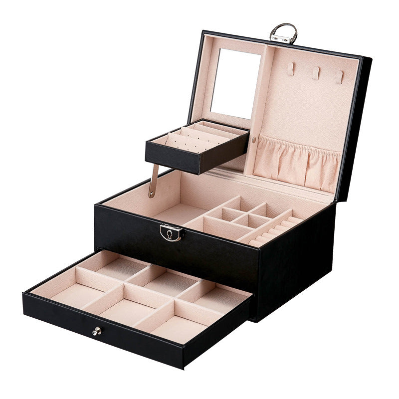 PU leather lockable mirror three-layer single-layer jewelry box