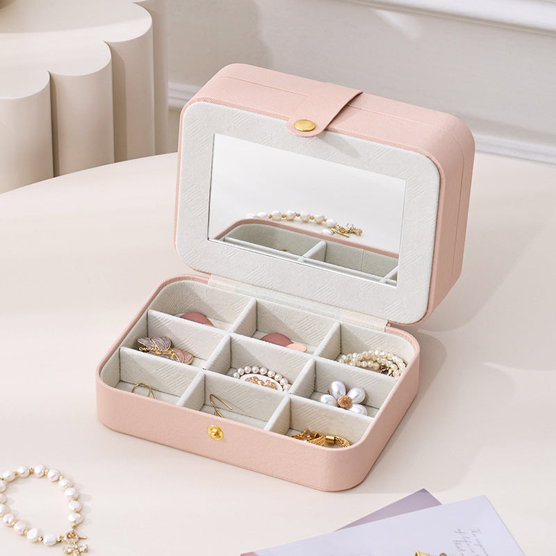 Portable household double-layer storage box with mirror