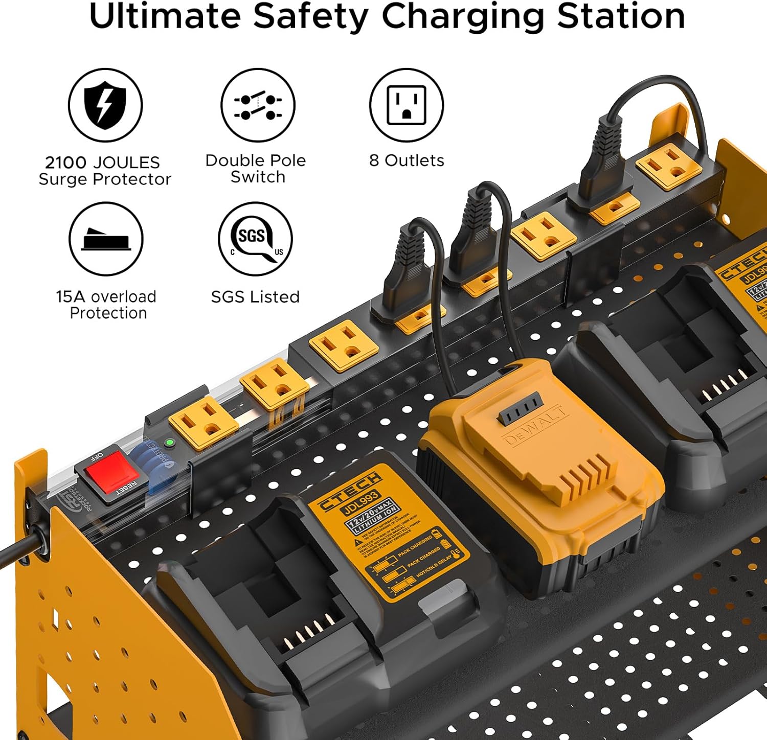 Power Tools Organizer Wall Mount, Cordless Drill Holder with 8-Outlet Power Strip, Modular Garage Organization Storage Rack 36 Months Warranty