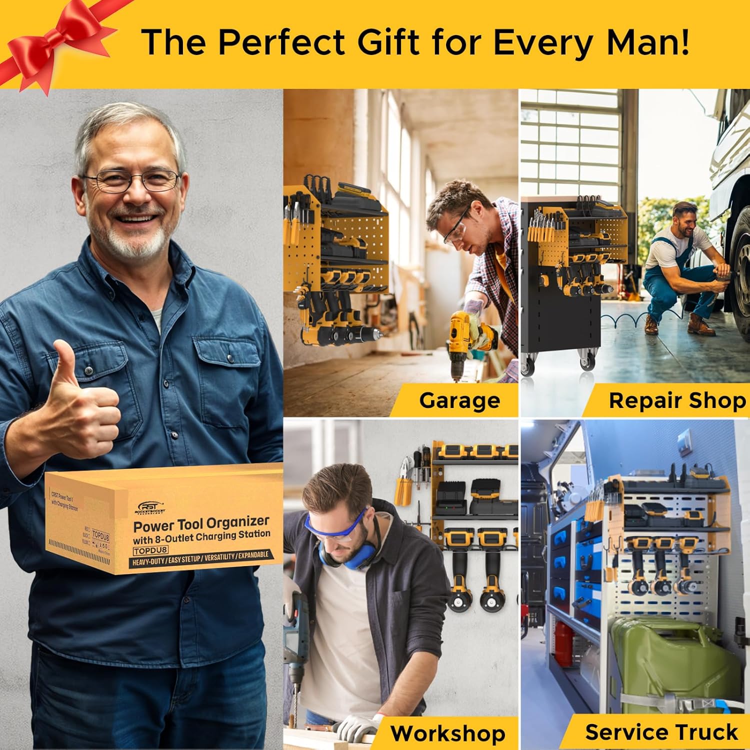 Power Tools Organizer Wall Mount, Cordless Drill Holder with 8-Outlet Power Strip, Modular Garage Organization Storage Rack 36 Months Warranty