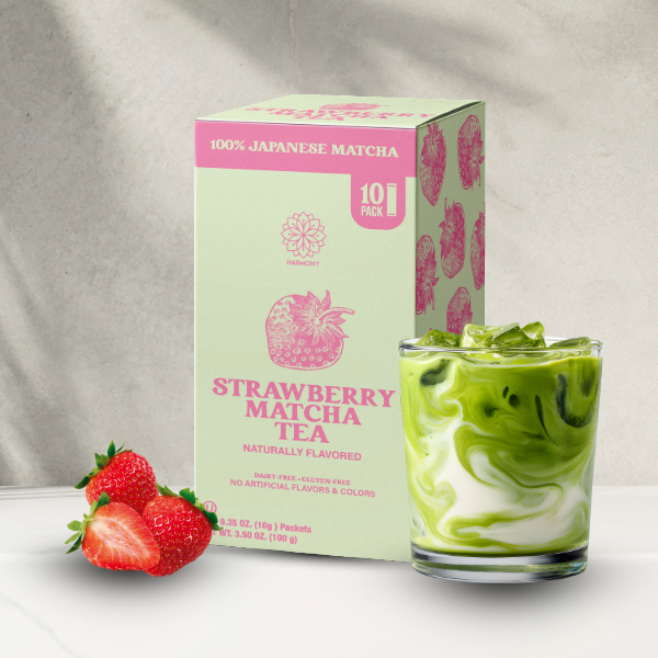 Harmony Matcha Strawberry – Premium Shade-Grown Japanese Matcha, Sweetened with Organic Sugar (10 Stick Packs)