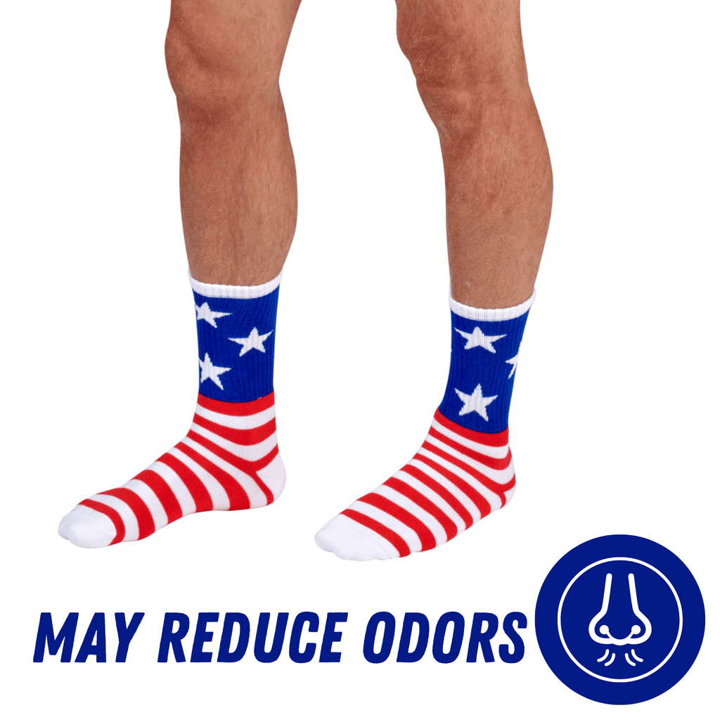 Bamboo Sports Red White and Blue Premium Bamboo Rayon Crew Work Socks- Moisture Wicking, Odor Eliminating Red, White, and Blue American Flag 4th of July Socks for Men and Women Gift Box 3 Pair