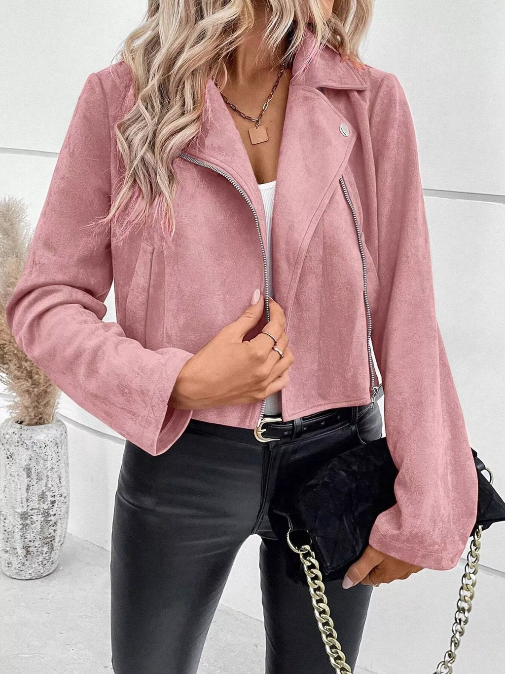 Suede Moto Jacket with Zip Detail