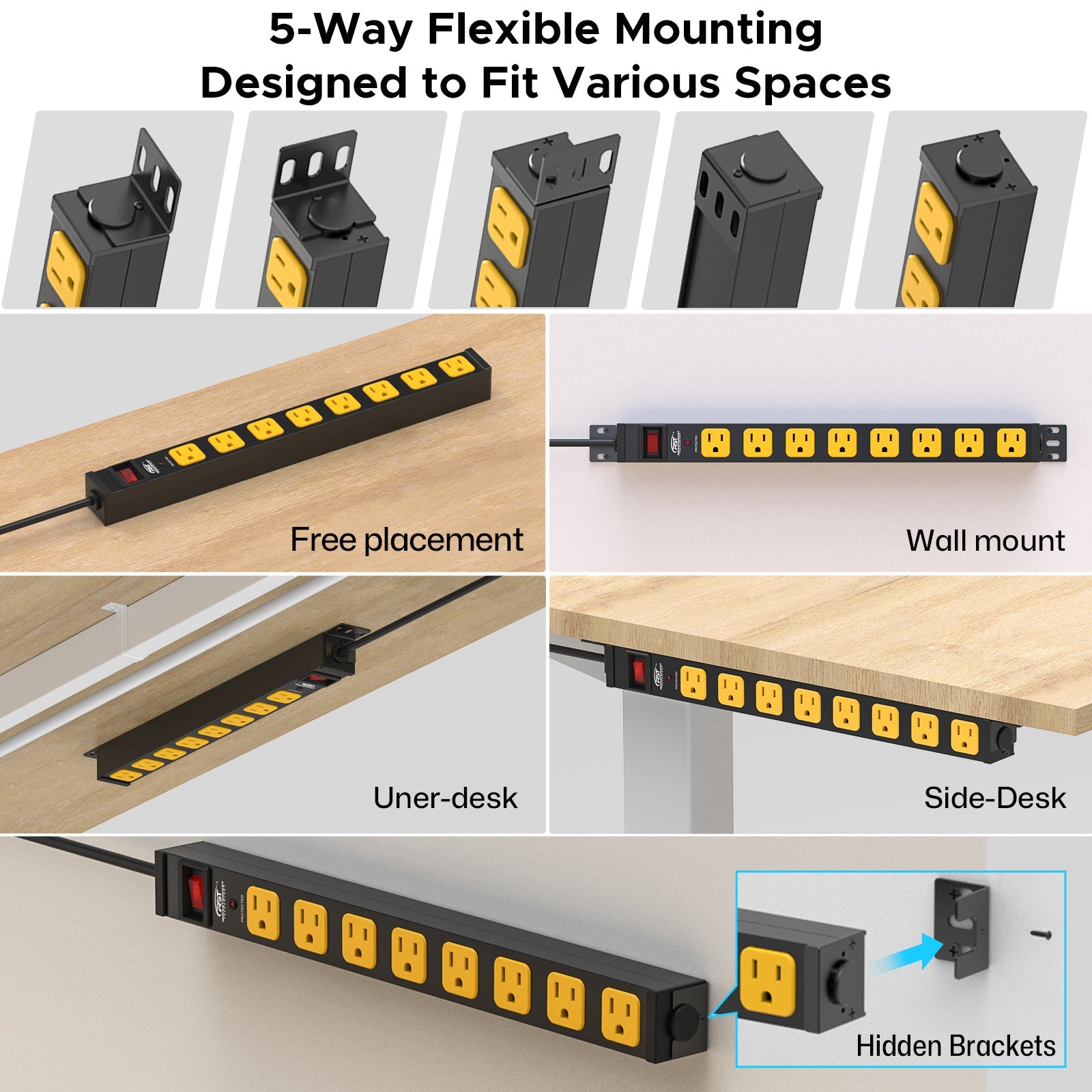 CRST Mountable Long Power Strip, 8 Outlets or 12 outlets 2100 Joules Surge Protector, Slim Metal Power Bar with 6FT Extension Cord, ETL Listed.