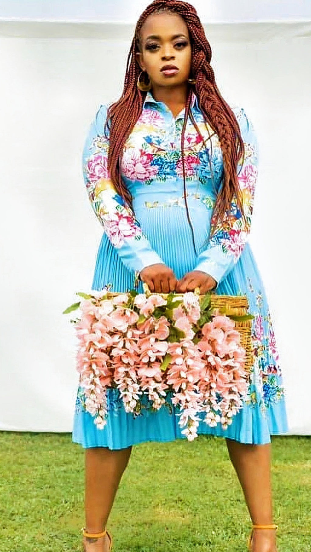 Pleated Print Long Sleeve Mid-Calf Lapel Standard-Waist Pullover Dress