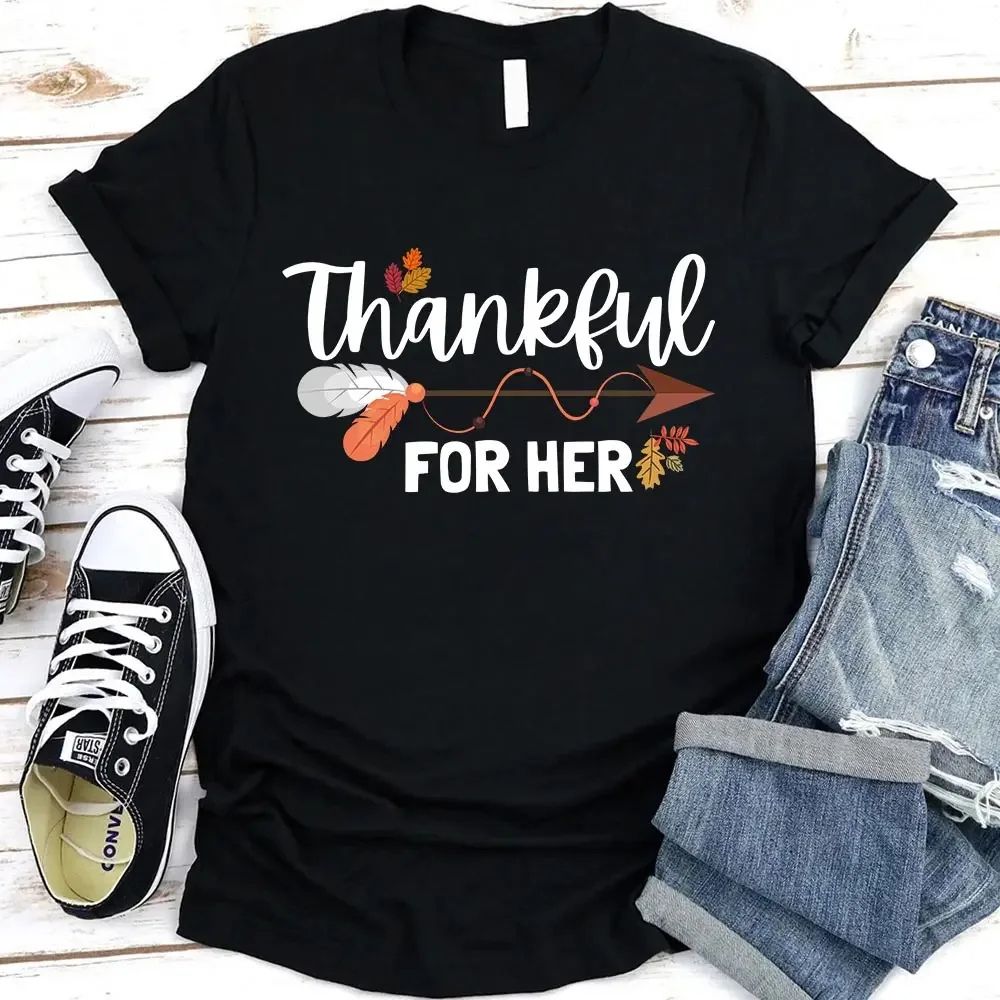 Thankful For Her/Him Thanksgiving Couple T-Shirt – Cute Matching Holiday Tees